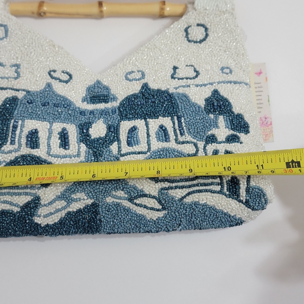 Viral Blue White Santorini Greece Beaded Bamboo Handle Bag Clutch Made India NWT - Picture 9 of 9